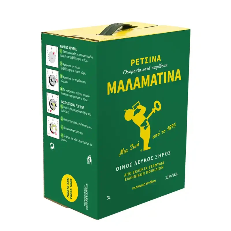 Гръцко вино „Рецина Маламатина“, 11% алкохол 3л.